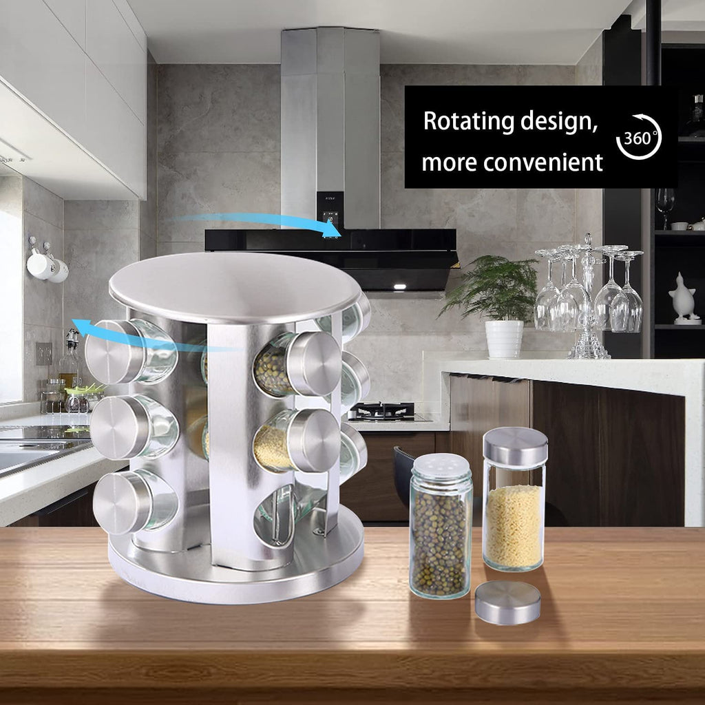 ZYOZ Spice Rack 12 Jars Revolving Spice rack, Spice Organiser Tower, Spice Carousel Stand Holder Stainless Steel Top Glass Jars for Kitchen 1pcs