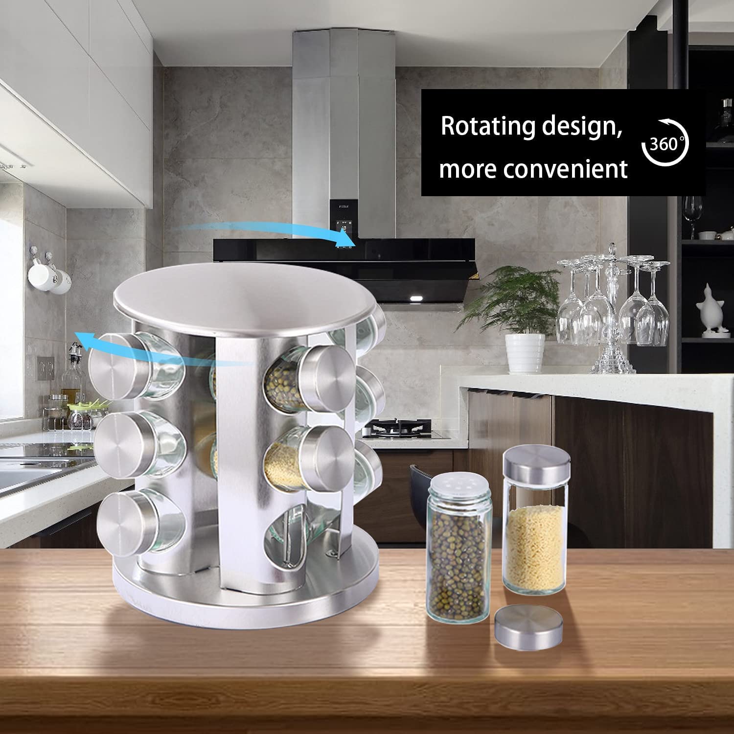 ZYOZ Spice Rack 12 Jars Revolving Spice rack, Spice Organiser Tower, Spice Carousel Stand Holder Stainless Steel Top Glass Jars for Kitchen 1pcs
