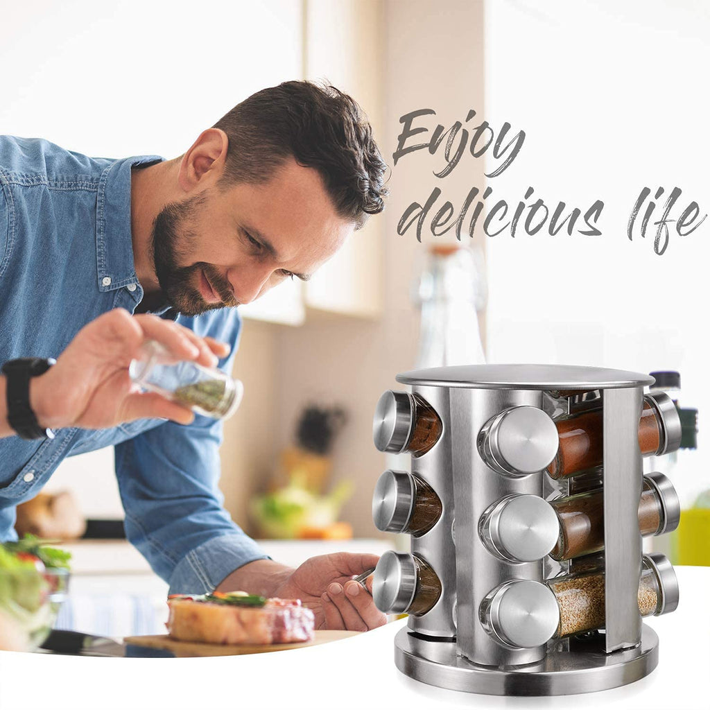 ZYOZ Spice Rack 12 Jars Revolving Spice rack, Spice Organiser Tower, Spice Carousel Stand Holder Stainless Steel Top Glass Jars for Kitchen 1pcs