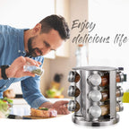 ZYOZ Spice Rack 12 Jars Revolving Spice rack, Spice Organiser Tower, Spice Carousel Stand Holder Stainless Steel Top Glass Jars for Kitchen 1pcs