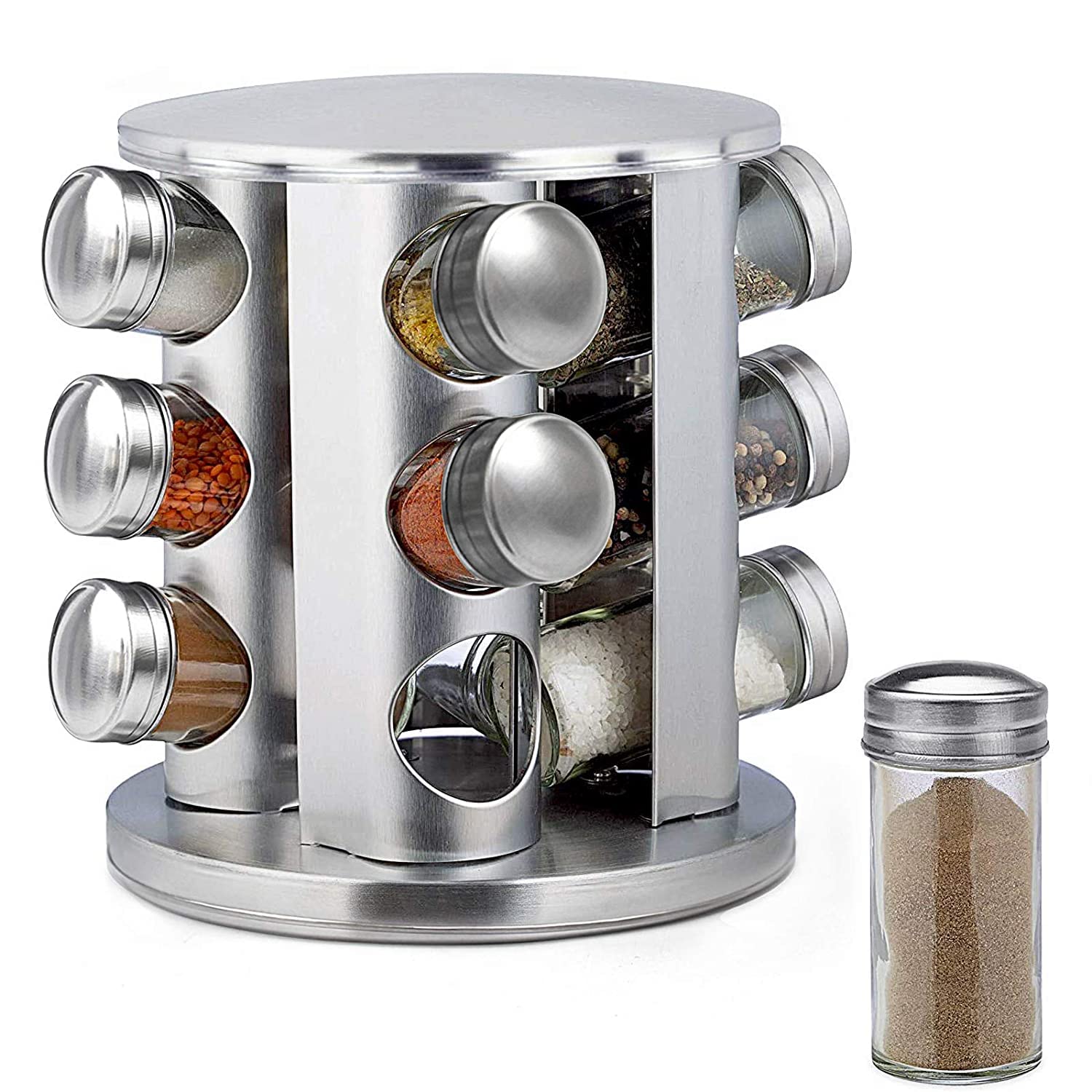 ZYOZ Spice Rack 12 Jars Revolving Spice rack, Spice Organiser Tower, Spice Carousel Stand Holder Stainless Steel Top Glass Jars for Kitchen 1pcs