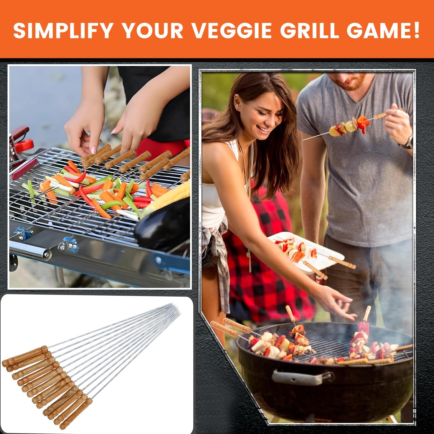 12 Inch Stainless Steel Barbeque Skewers Set Rounded/Square BBQ Sticks with Wooden Handle Reusable Metal Kabab Grill Tool for Outdoor Tandoor Kebab Grilling (Pack of 12)