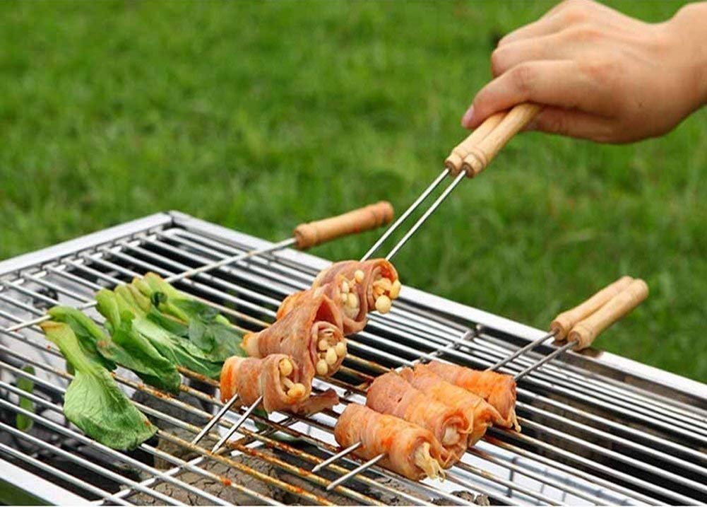 12 Inch Stainless Steel Barbeque Skewers Set Rounded/Square BBQ Sticks with Wooden Handle Reusable Metal Kabab Grill Tool for Outdoor Tandoor Kebab Grilling (Pack of 12)
