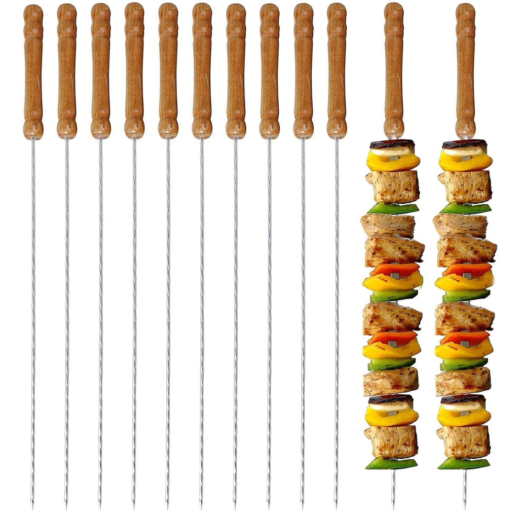 12 Inch Stainless Steel Barbeque Skewers Set Rounded/Square BBQ Sticks with Wooden Handle Reusable Metal Kabab Grill Tool for Outdoor Tandoor Kebab Grilling (Pack of 12)