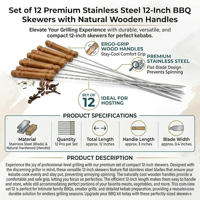 12 Inch Stainless Steel Barbeque Skewers Set Rounded/Square BBQ Sticks with Wooden Handle Reusable Metal Kabab Grill Tool for Outdoor Tandoor Kebab Grilling (Pack of 12)