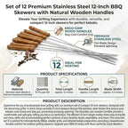 12 Inch Stainless Steel Barbeque Skewers Set Rounded/Square BBQ Sticks with Wooden Handle Reusable Metal Kabab Grill Tool for Outdoor Tandoor Kebab Grilling (Pack of 12)
