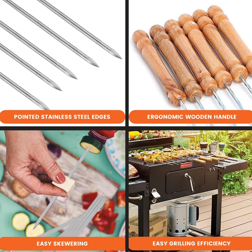 12 Inch Stainless Steel Barbeque Skewers Set Rounded/Square BBQ Sticks with Wooden Handle Reusable Metal Kabab Grill Tool for Outdoor Tandoor Kebab Grilling (Pack of 12)