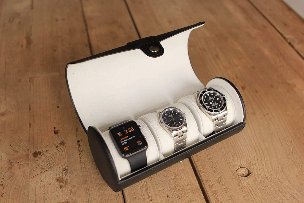 Leather Travel Watch Organizer Case | 3 Slot in Classic Black | Watch Storage Box and Organiser for Men & Women | Compact Roll Design Fits Easily in Luggage