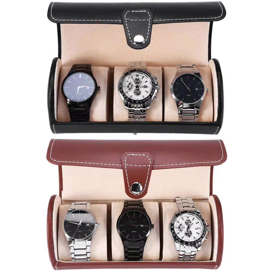 Leather Travel Watch Organizer Case | 3 Slot in Classic Black | Watch Storage Box and Organiser for Men & Women | Compact Roll Design Fits Easily in Luggage
