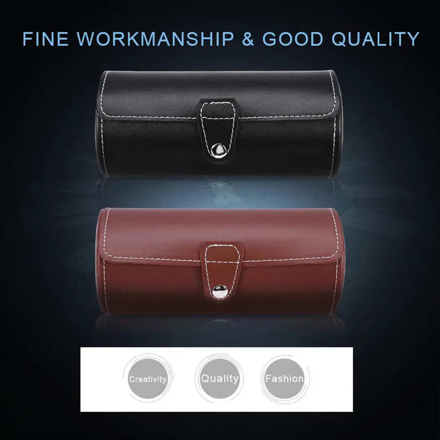 Leather Travel Watch Organizer Case | 3 Slot in Classic Black | Watch Storage Box and Organiser for Men & Women | Compact Roll Design Fits Easily in Luggage