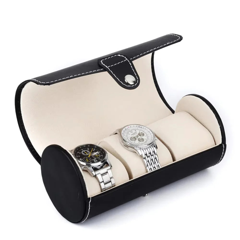 Leather Travel Watch Organizer Case | 3 Slot in Classic Black | Watch Storage Box and Organiser for Men & Women | Compact Roll Design Fits Easily in Luggage