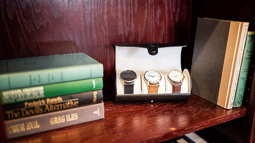 Leather Travel Watch Organizer Case | 3 Slot in Classic Black | Watch Storage Box and Organiser for Men & Women | Compact Roll Design Fits Easily in Luggage