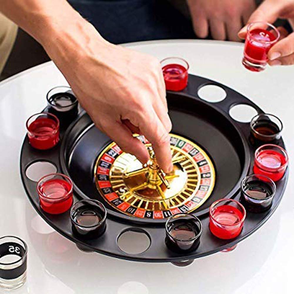 Roulette Drinking Set with Spinner Wheel and Shot Glasses | Includes 2 Balls and 16 Shot Glasses Party Table Activity for Gatherings Celebrations and Events | Reusable Board Game Set