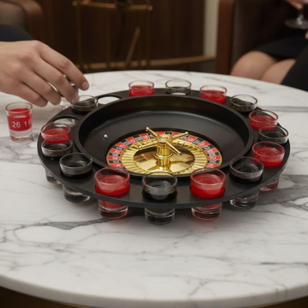 Roulette Drinking Set with Spinner Wheel and Shot Glasses | Includes 2 Balls and 16 Shot Glasses Party Table Activity for Gatherings Celebrations and Events | Reusable Board Game Set