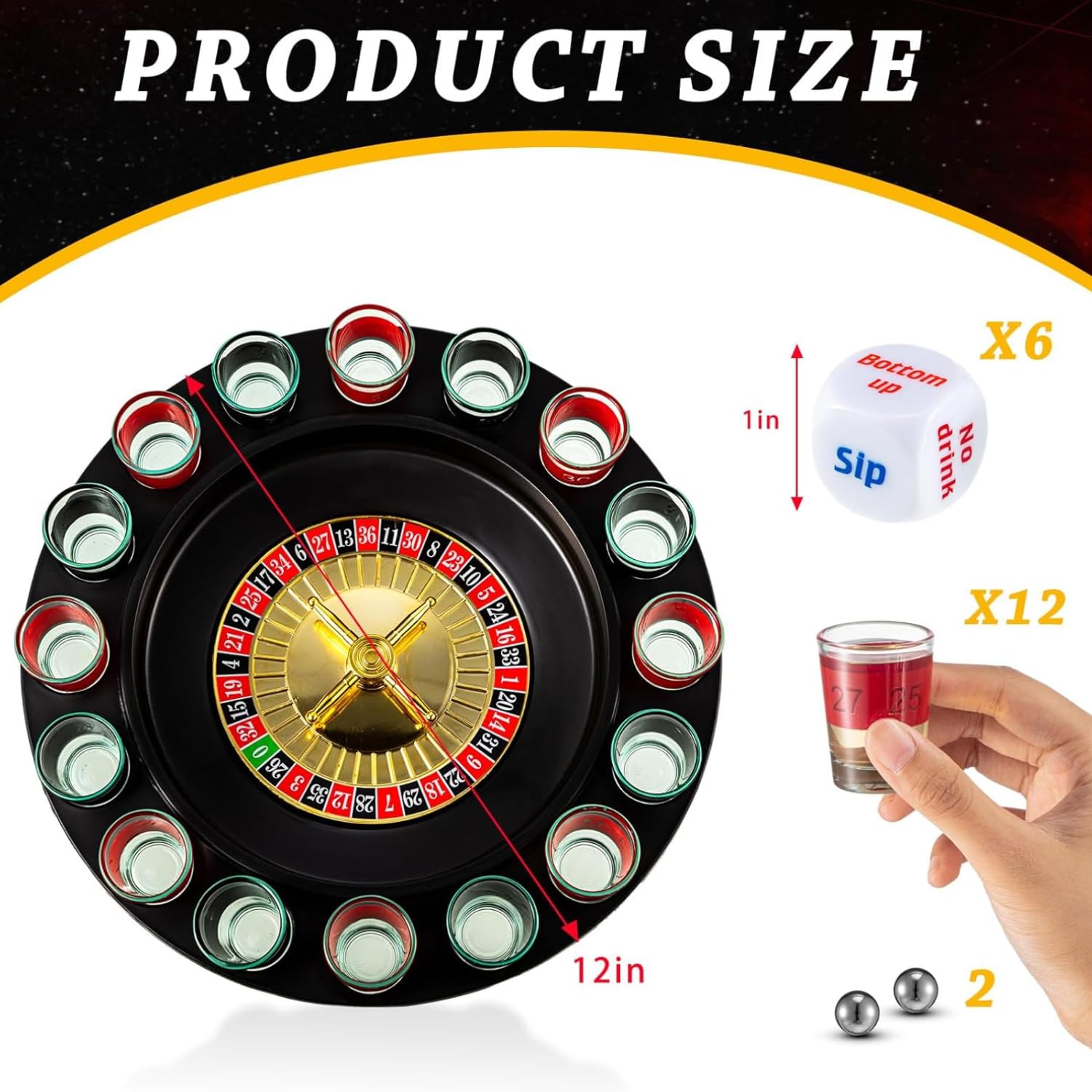 Roulette Drinking Set with Spinner Wheel and Shot Glasses | Includes 2 Balls and 16 Shot Glasses Party Table Activity for Gatherings Celebrations and Events | Reusable Board Game Set