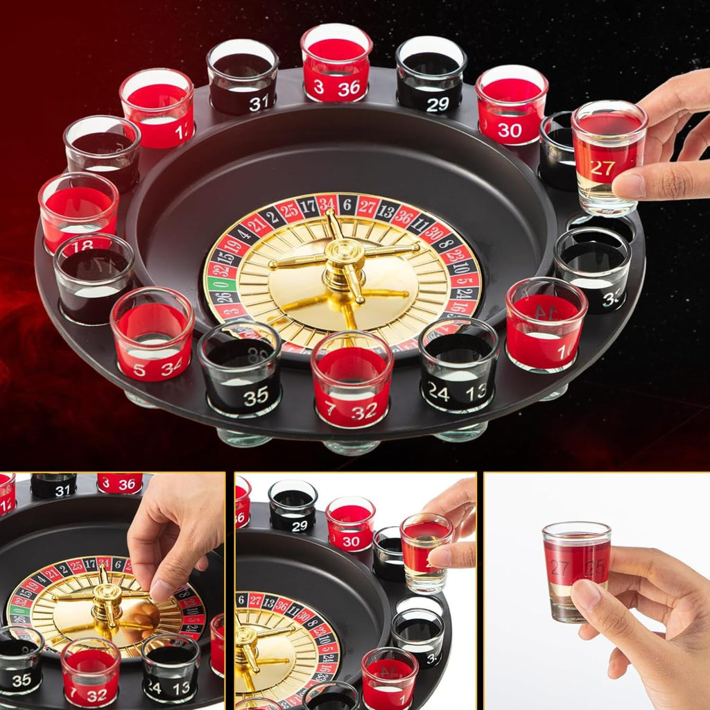 Roulette Drinking Set with Spinner Wheel and Shot Glasses | Includes 2 Balls and 16 Shot Glasses Party Table Activity for Gatherings Celebrations and Events | Reusable Board Game Set