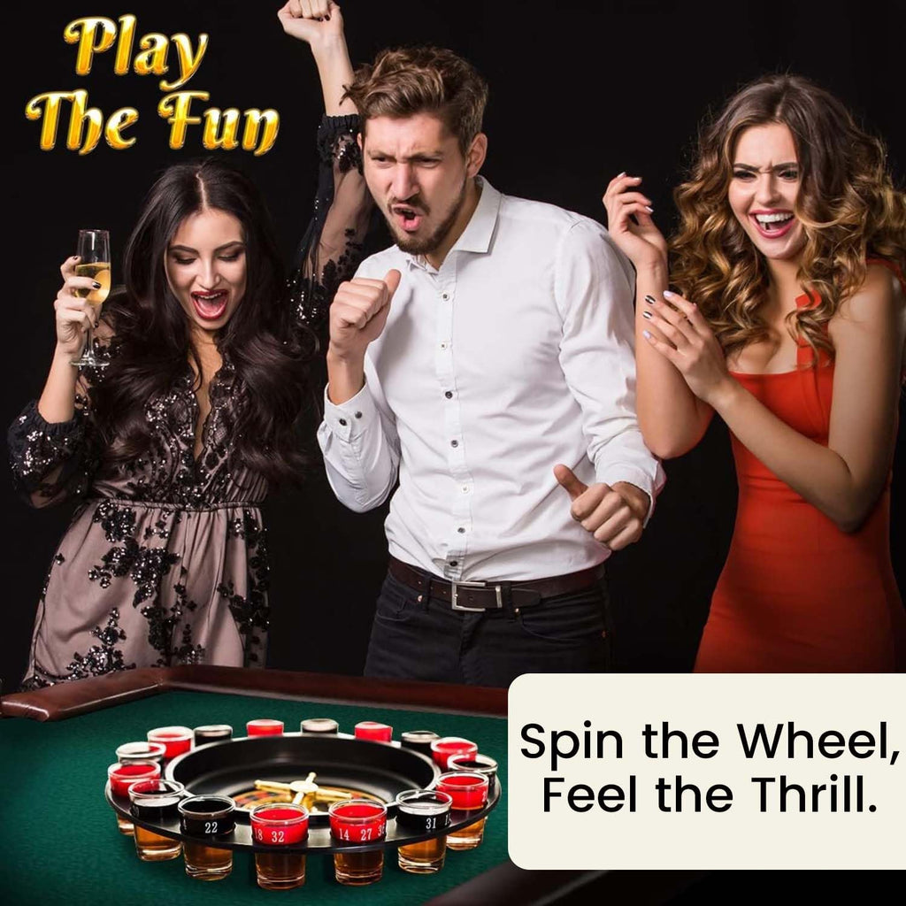 Roulette Drinking Set with Spinner Wheel and Shot Glasses | Includes 2 Balls and 16 Shot Glasses Party Table Activity for Gatherings Celebrations and Events | Reusable Board Game Set