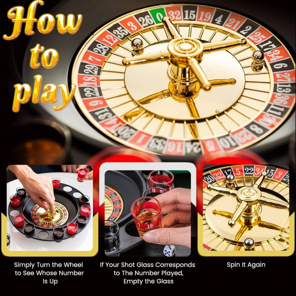 Roulette Drinking Set with Spinner Wheel and Shot Glasses | Includes 2 Balls and 16 Shot Glasses Party Table Activity for Gatherings Celebrations and Events | Reusable Board Game Set