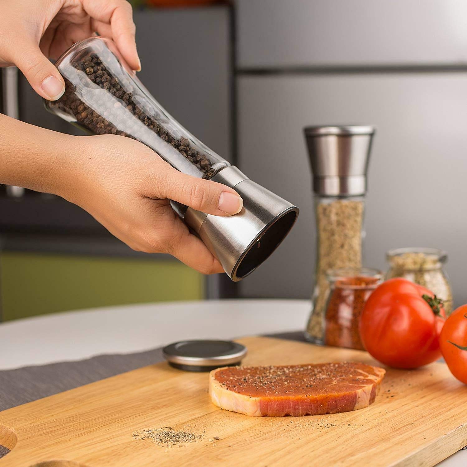 ZYOZ Salt and Pepper Grinder, Glass Body with Stainless Steel Lid, Adjustable Coarseness Manual Spice Mill Main image