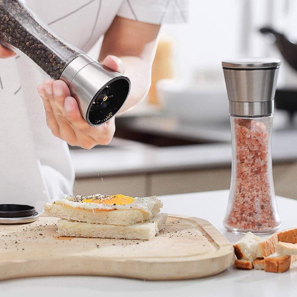 Salt and Pepper Grinder, 13 cm Tall, Glass Body with Stainless Steel Lid, Adjustable Coarseness Manual Spice Mill