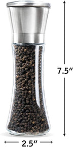 Salt and Pepper Grinder, 13 cm Tall, Glass Body with Stainless Steel Lid, Adjustable Coarseness Manual Spice Mill