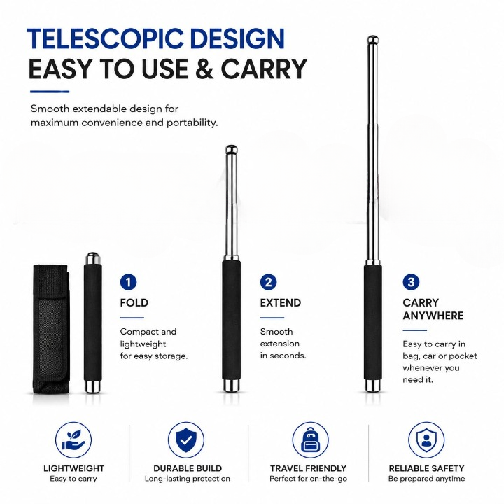 ZYOZ Stainless steel self defence stick Foldable Pointer Compact magical, Extendable Wand with Comfortable Grip & Hiking Stick, Extendable Wand with Non-Slip Grip