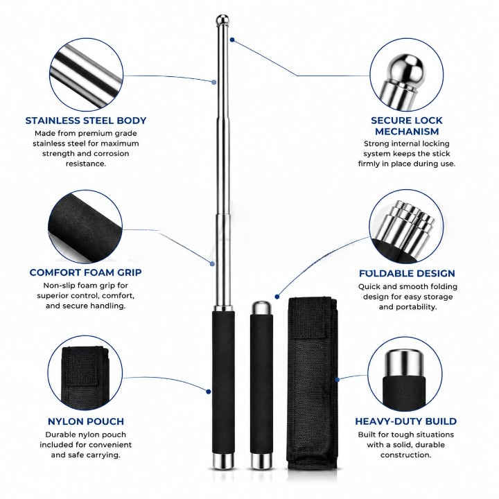 ZYOZ Stainless steel self defence stick Foldable Pointer Compact magical, Extendable Wand with Comfortable Grip & Hiking Stick, Extendable Wand with Non-Slip Grip