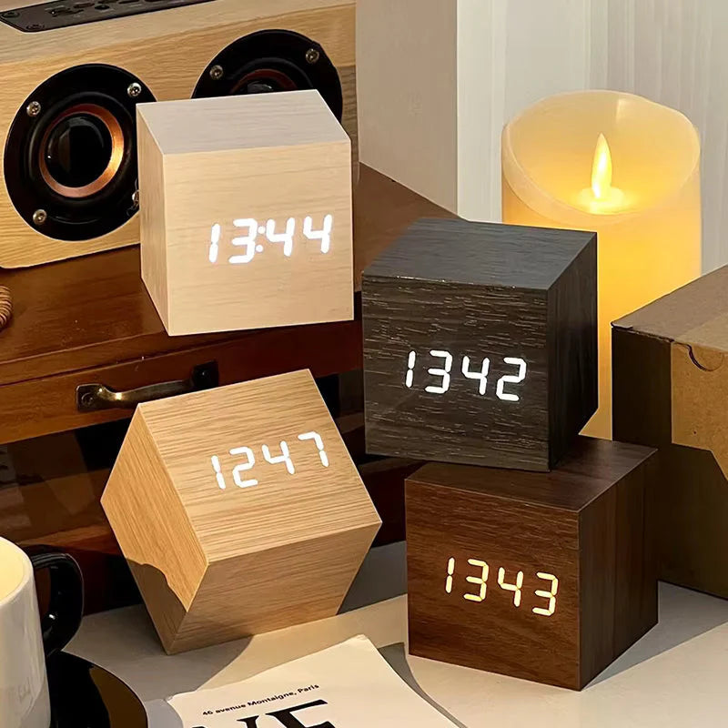 ZYOZ Modern Wooden Digital LED Cube Clock with Alarm, Temperature Display, Snooze, Voice Control, and Energy-Saving Mode (Wood) Secondary image