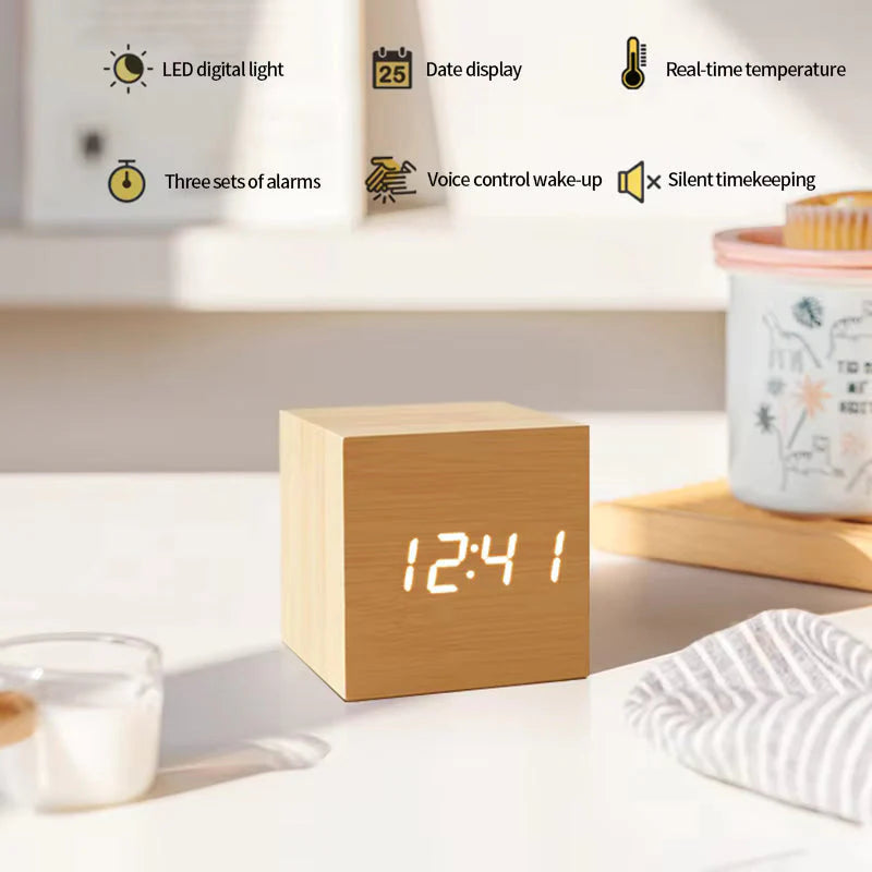 ZYOZ Modern Wooden Digital LED Cube Clock with Alarm, Temperature Display, Snooze, Voice Control, and Energy-Saving Mode (Wood) Main image