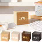 Modern Wooden Digital LED Cube Clock with Alarm, Temperature Display, Snooze, Voice Control, and Energy-Saving Mode (Wood)