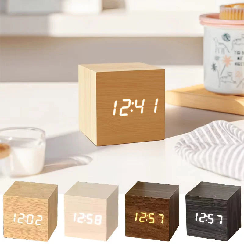 Modern Wooden Digital LED Cube Clock with Alarm, Temperature Display, Snooze, Voice Control, and Energy-Saving Mode (Wood)