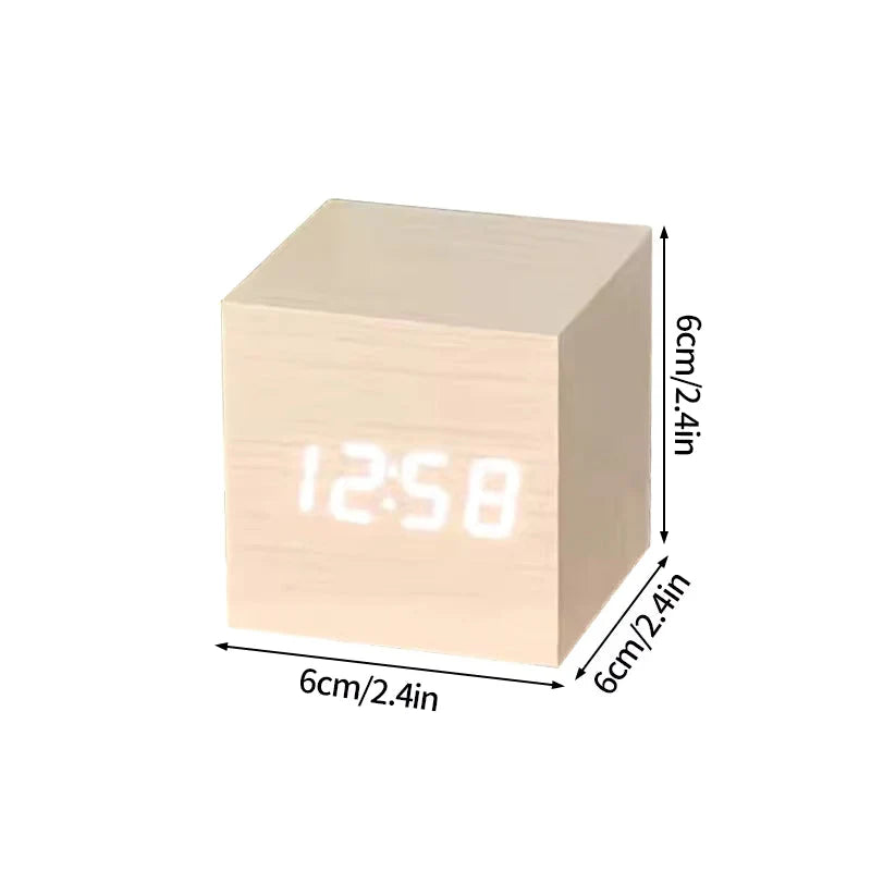 Modern Wooden Digital LED Cube Clock with Alarm, Temperature Display, Snooze, Voice Control, and Energy-Saving Mode (Wood)