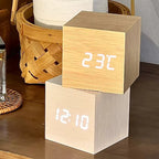 Modern Wooden Digital LED Cube Clock with Alarm, Temperature Display, Snooze, Voice Control, and Energy-Saving Mode (Wood)