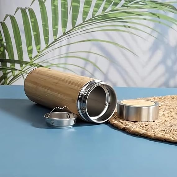 Eco-Friendly Bamboo Water Bottle, Stainless Steel Flask Water Bottle/Thermos with Tea Strainer | Double Wall Vacuum Insulated | Hot & Cold, 500ml Secondary image