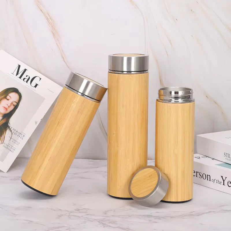 Eco-Friendly Bamboo Water Bottle, Stainless Steel Flask Water Bottle/Thermos with Tea Strainer | Double Wall Vacuum Insulated | Hot & Cold, 500ml