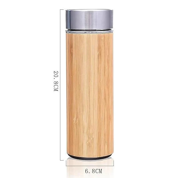 Eco-Friendly Bamboo Water Bottle, Stainless Steel Flask Water Bottle/Thermos with Tea Strainer | Double Wall Vacuum Insulated | Hot & Cold, 500ml