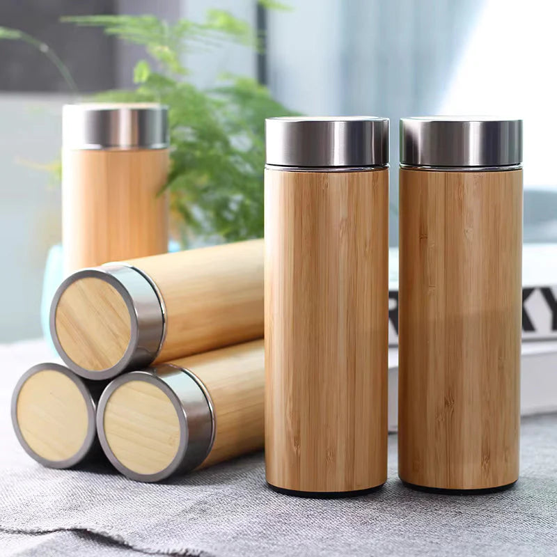 Eco-Friendly Bamboo Water Bottle, Stainless Steel Flask Water Bottle/Thermos with Tea Strainer | Double Wall Vacuum Insulated | Hot & Cold, 500ml Main image