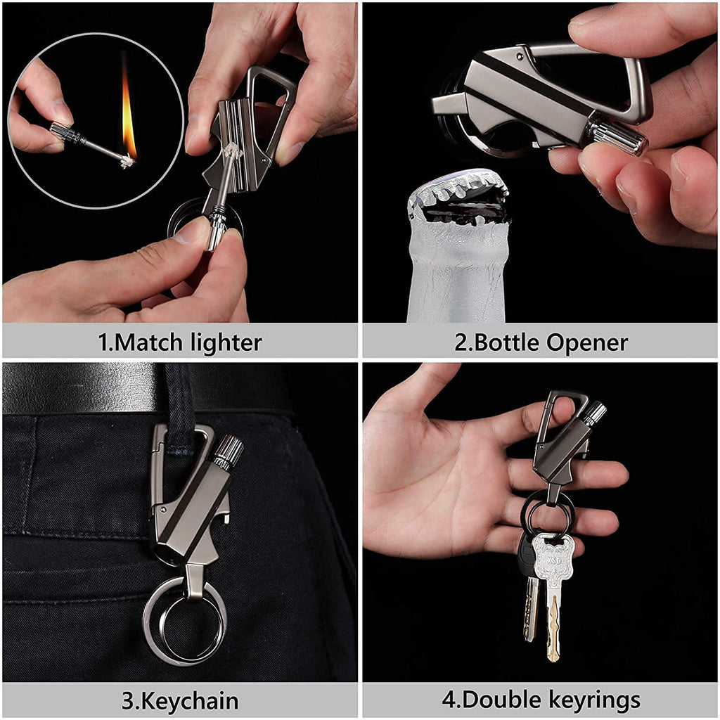 Stainless Steel 3 In 1 Keychain Lighter|Waterproof Cigarette Flint Lighter + Keyring + Bottle Opener|Emergency Fire Starter Match Sticks Used For Outdoor Camping