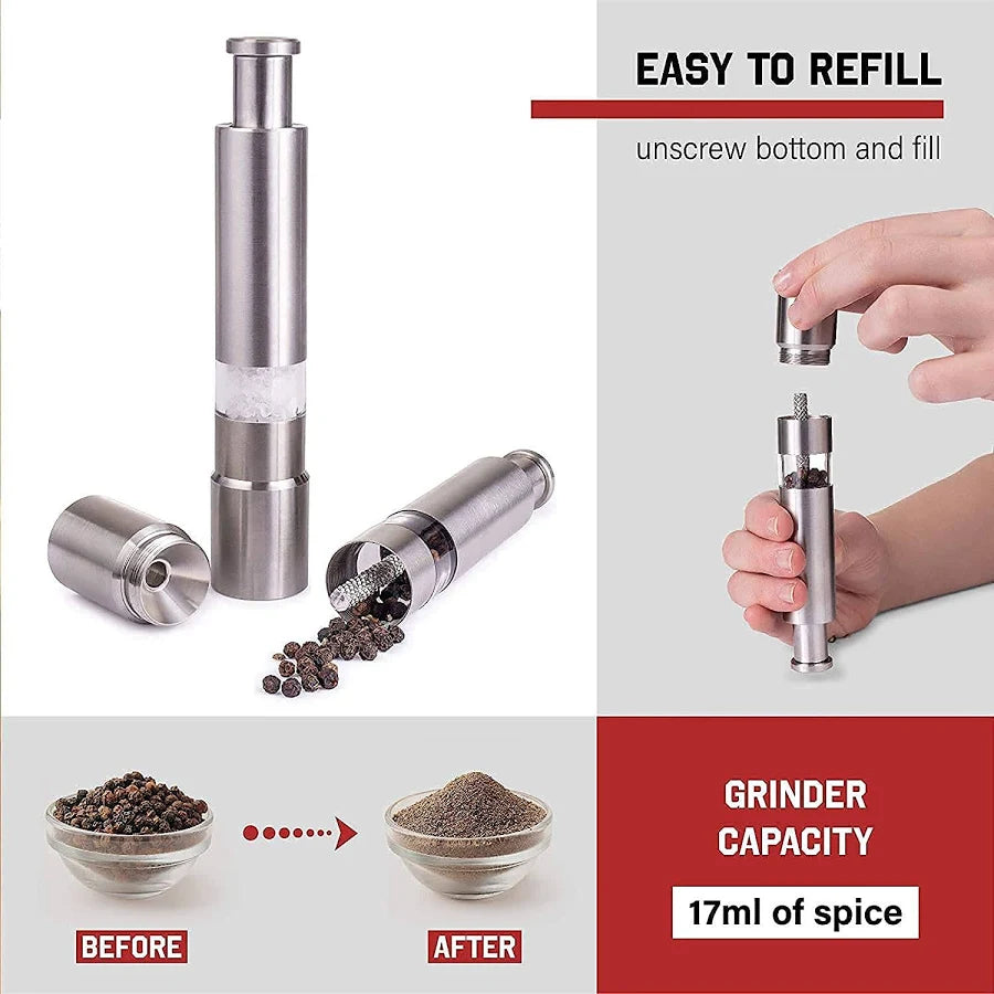 Stainless Steel Thumb Presser Salt and Pepper Grinder Tall Salt and Pepper Mill Shakers with Adjustable Coarseness & Stylish Design for Grinding Salt and Black Pepper (1 Pc)