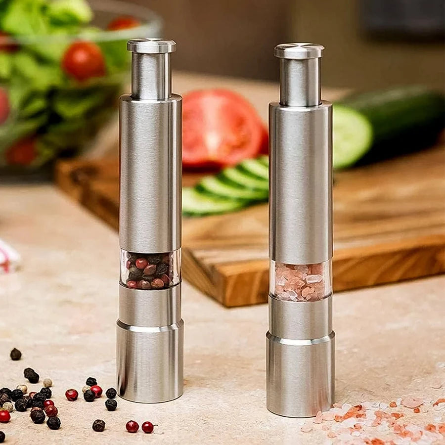 Stainless Steel Thumb Presser Salt and Pepper Grinder Tall Salt and Pepper Mill Shakers with Adjustable Coarseness & Stylish Design for Grinding Salt and Black Pepper (1 Pc)