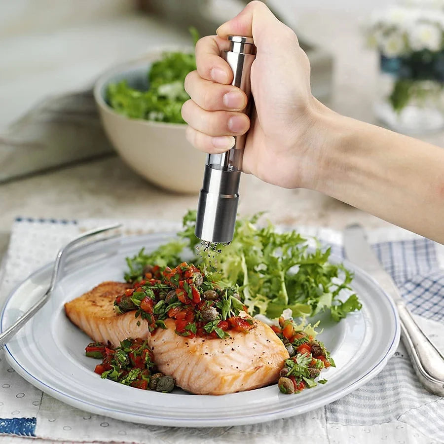 Stainless Steel Thumb Presser Salt and Pepper Grinder Tall Salt and Pepper Mill Shakers with Adjustable Coarseness & Stylish Design for Grinding Salt and Black Pepper (1 Pc)