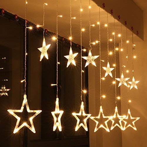 12 Star Diwali Curtain String LED Lights for Decoration, Window Lights with 8 Flashing Modes, Home Decoration for Diwali, Wedding, Party, Christmas, Balcony - Warm White