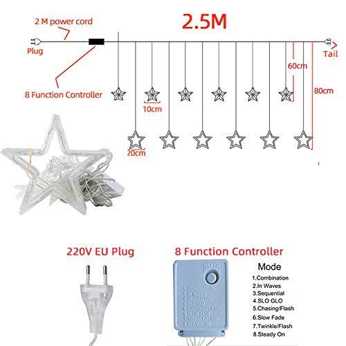 12 Star Diwali Curtain String LED Lights for Decoration, Window Lights with 8 Flashing Modes, Home Decoration for Diwali, Wedding, Party, Christmas, Balcony - Warm White
