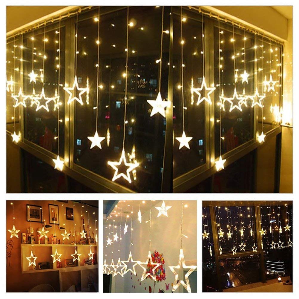 12 Star Diwali Curtain String LED Lights for Decoration, Window Lights with 8 Flashing Modes, Home Decoration for Diwali, Wedding, Party, Christmas, Balcony - Warm White