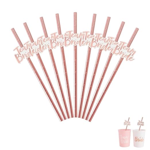 24 Pieces Rose Gold Hen Party Paper Straws with Team Bride Flags Team Bride Straws Hen Party Straws Rose Gold Straw Bridal Shower Paper Straws Bachelorette Accessories Bridal Party Tableware Main image