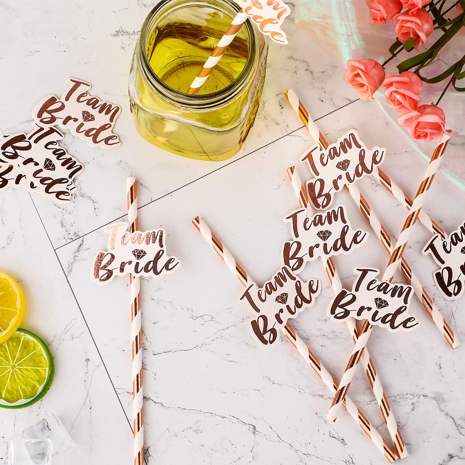 24 Pieces Rose Gold Hen Party Paper Straws with Team Bride Flags Team Bride Straws Hen Party Straws Rose Gold Straw Bridal Shower Paper Straws Bachelorette Accessories Bridal Party Tableware