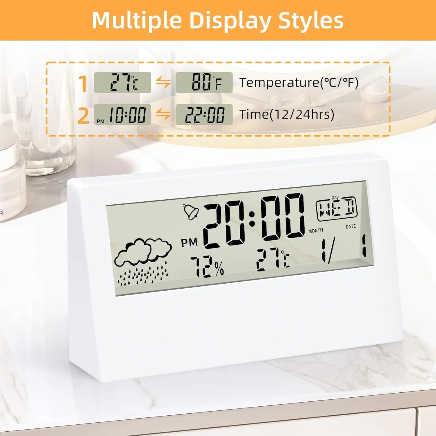 ZYOZ Clock, Digital Alarm Clock with Transparent Modern Design, Temperature, Humidity, Snooze, Aesthetic Home Decor, Office Decor, Battery Operated Table Clock for Bedroom, Office Shelf Etc Secondary image