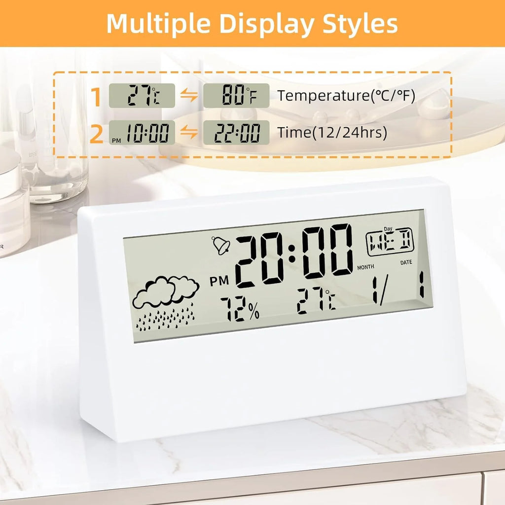 Clock, Digital Alarm Clock with Transparent Modern Design, Temperature, Humidity, Snooze, Aesthetic Home Decor, Office Decor, Battery Operated Table Clock for Bedroom, Office Shelf Etc