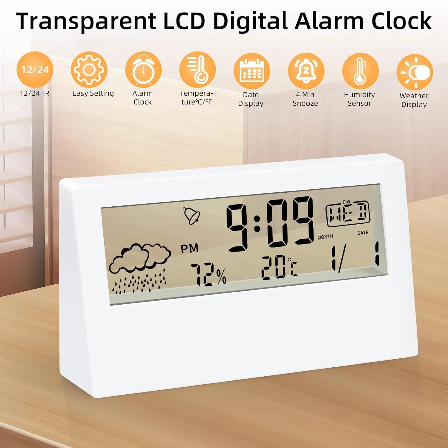 ZYOZ Clock, Digital Alarm Clock with Transparent Modern Design, Temperature, Humidity, Snooze, Aesthetic Home Decor, Office Decor, Battery Operated Table Clock for Bedroom, Office Shelf Etc Main image