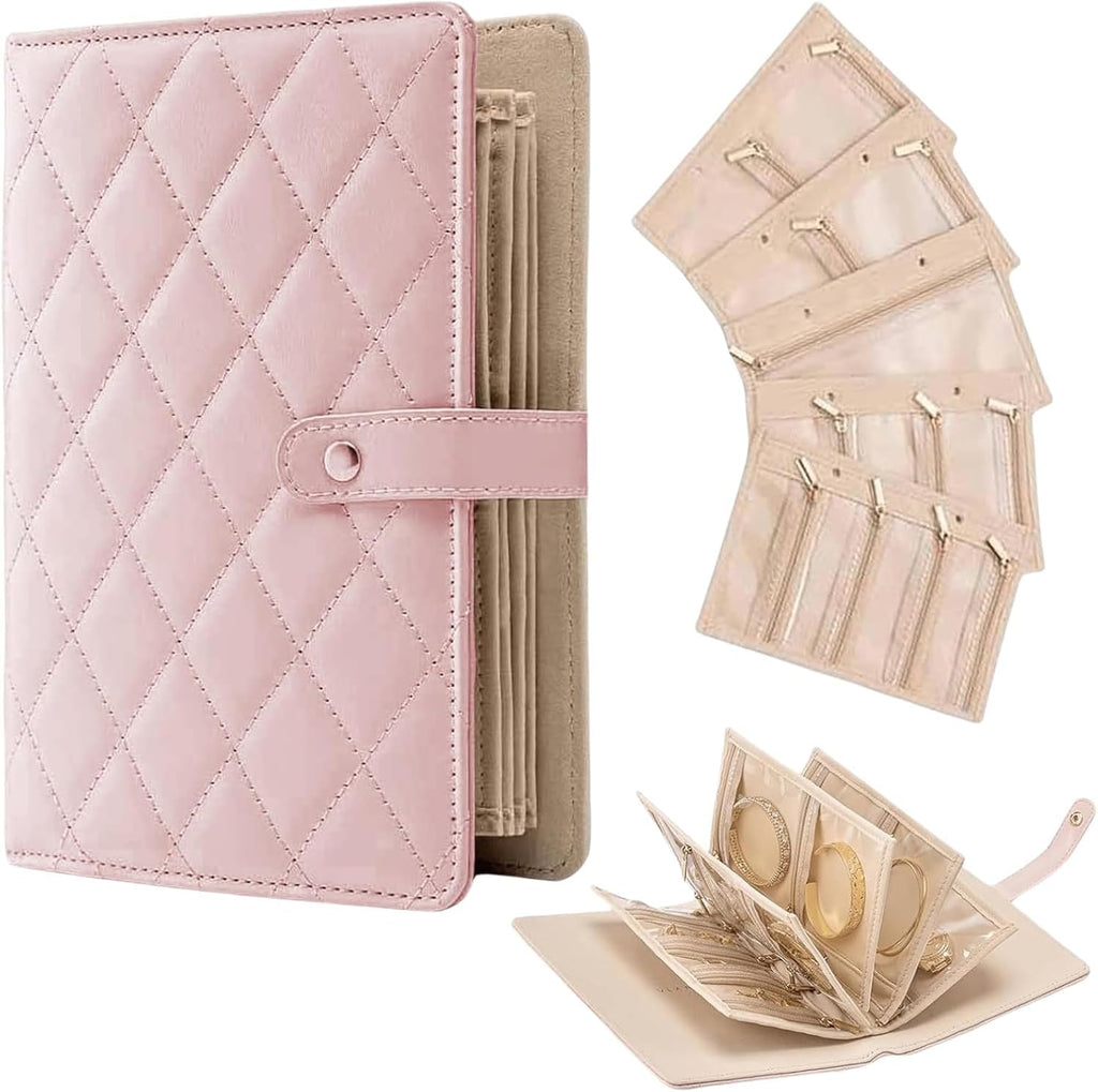 Travel Jewelry Organizer Case Foldable Storage Roll Jewelry Storage Book Ring Binder for Rings, Necklaces, Earrings, Bracelets, Perfect for Travel and Daily Use (Pink)